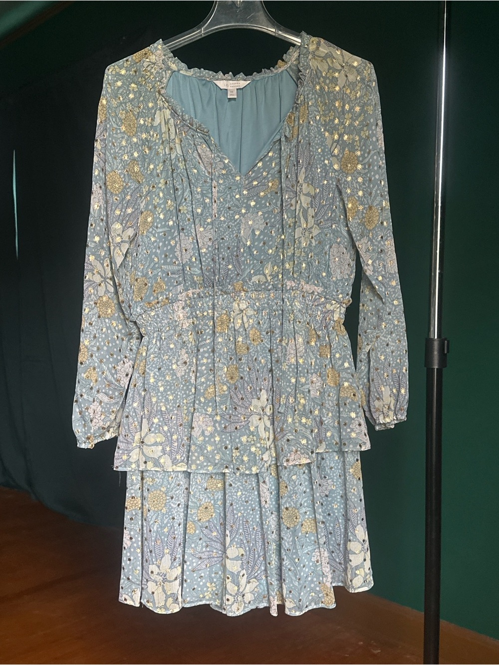 LC Lauren Conrad Pale Blue Floral Gold-Accent Long Sleeve Tiered Dress